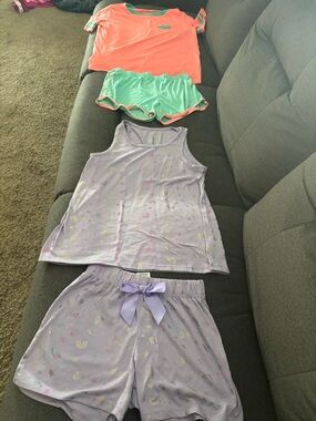 Two sets Girls' Pajama Coral Teal Top & Mint Shorts + Lavender Stars Size:14/16